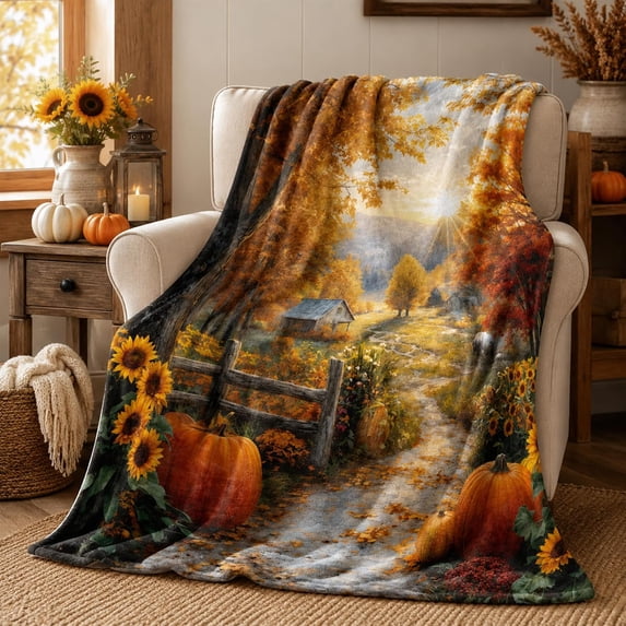 Autumn Pumpkin Sunflower Landscape Throw Blanket - Walmart.com