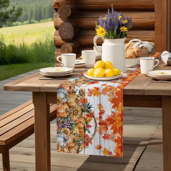 Autumn Pumpkin Sunflower Table Runner 13x70in Non-Slip Cotton Linen Table Runners, Fall Maple Leaf on Wood Dresser Scarves TableRunner for Dinner Kitchen Dining Wedding Party