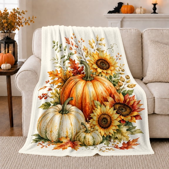 Autumn Pumpkin with Sunflowers and Oak Leaves, Rustic Botanical Style for Fall Lovers, White Sofa Lantern Scene and Thanksgiving Gift, Cozy Flannel Blanket for Bedroom and Living Room, Home Decor