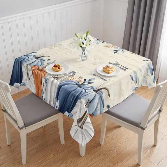 Autumn Pumpkin Table Cloth Waterproof Tablecloths, Thanksgiving Blue Eucalyptus Leaf Beige Tablecloth Dining Table Cover for Kitchen Party Tabletop Outdoor, Square Tablecloth 60x60 Inch