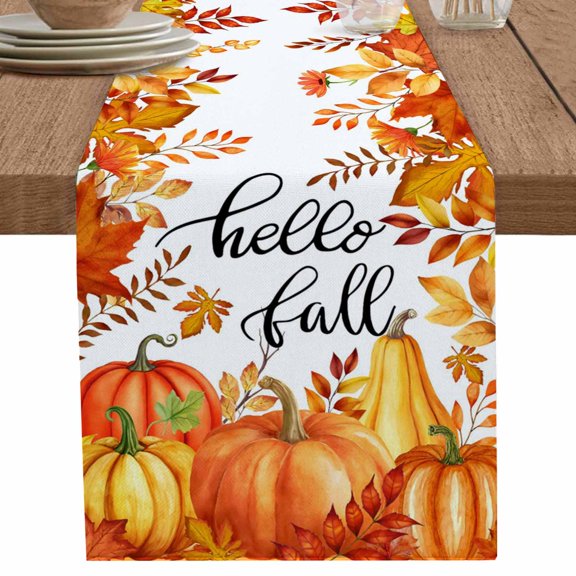 Autumn Pumpkin Table Runner 90 Inches Long for Dining Table Decor,Thanksgiving Fall Orange Red Gold Leaf Burlap Linen Farmhouse Table Runner Coffee Table Runners Dresser for Kitchen Party Holiday