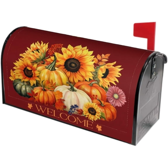 Autumn Pumpkin Thanksgiving Mailbox Cover Magnetic Fall Sunflower Maple Leaf Mailbox Cover Standard Size 21 x 18 Inch Farmhouse Rustic Welcome Post Box Cover Wraps Garden Yard Home Decor for Outdoor
