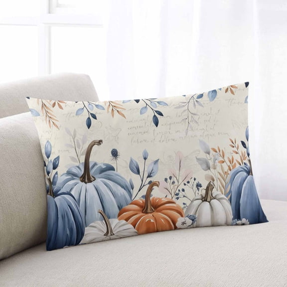 Autumn Pumpkin Throw Pillow Covers, Thanksgiving Blue Eucalyptus Leaf Beige Soft Breathable Pillow Cases with Invisible Zipper for Sleeping, Body Pillowcases for Couch Bed Sofa Chair 24x36 Inches