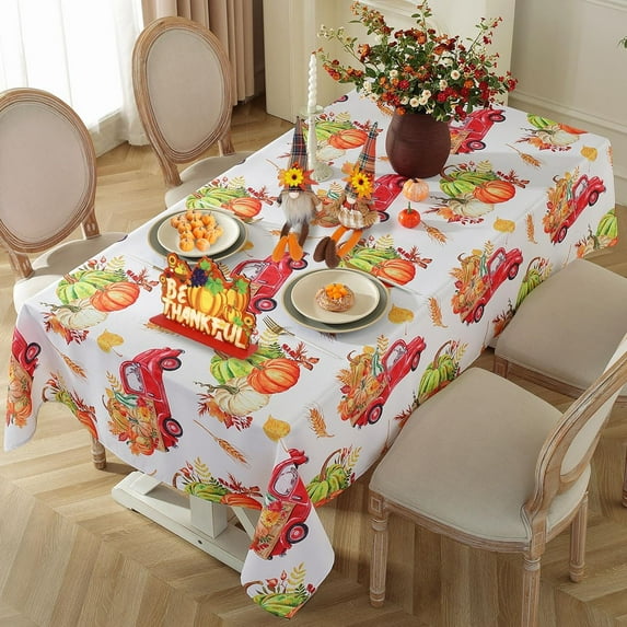 Autumn Pumpkin Truck Print Tablecloth Rectangle 60 x 84 Inch Waterproof Washable Fabric Table Cloth, Polyester Table Cover for Fall, Harvest, Thanksgiving, Dining, Party, White