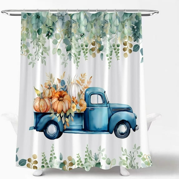 Autumn Pumpkin Truck Shower Curtain Fall Thanksgiving Harvest Farmhouse Rustic Watercolor Leaves Floral Fabric Bath Curtain Set with Hook