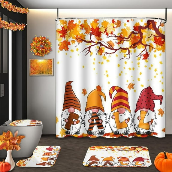 Autumn Pumpkin Truck Shower Curtain Set with Toilet Lid Cover and Non-Slip Rugs, Fall Maple Tree Leaves 4 Pcs Shower Curtains for Bathroom, Buffalo Plaid Yellow Bathroom Decor