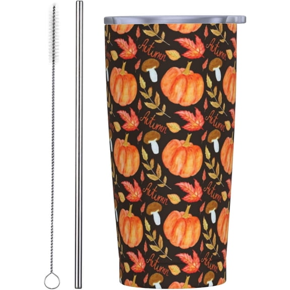Autumn Pumpkin Tumbler with Straw, Mushroom Leaves 20oz Stainless Steel Vacuum Insulated Coffee Cup Travel Mug, Leakproof Lid, Souvenir for Women Men (Halloween, Birthday, Christmas)