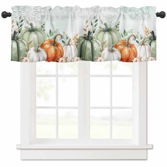 Autumn Pumpkin Valances for Windows Farmhouse Kitchen Curtains Valances Rod Pocket Valance Curtains for Kitchen Windows Sage Green Thanksgiving Eucalyptus Leaves Window Valances for Bathroom 42"x12"