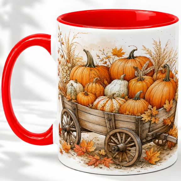 Autumn Pumpkin Wagon Accent Mug, 11oz Ceramic Coffee Cup for Fall Glossy ceramic mug with double-sided autumn pumpkin wagon artwork for daily coffee or tea