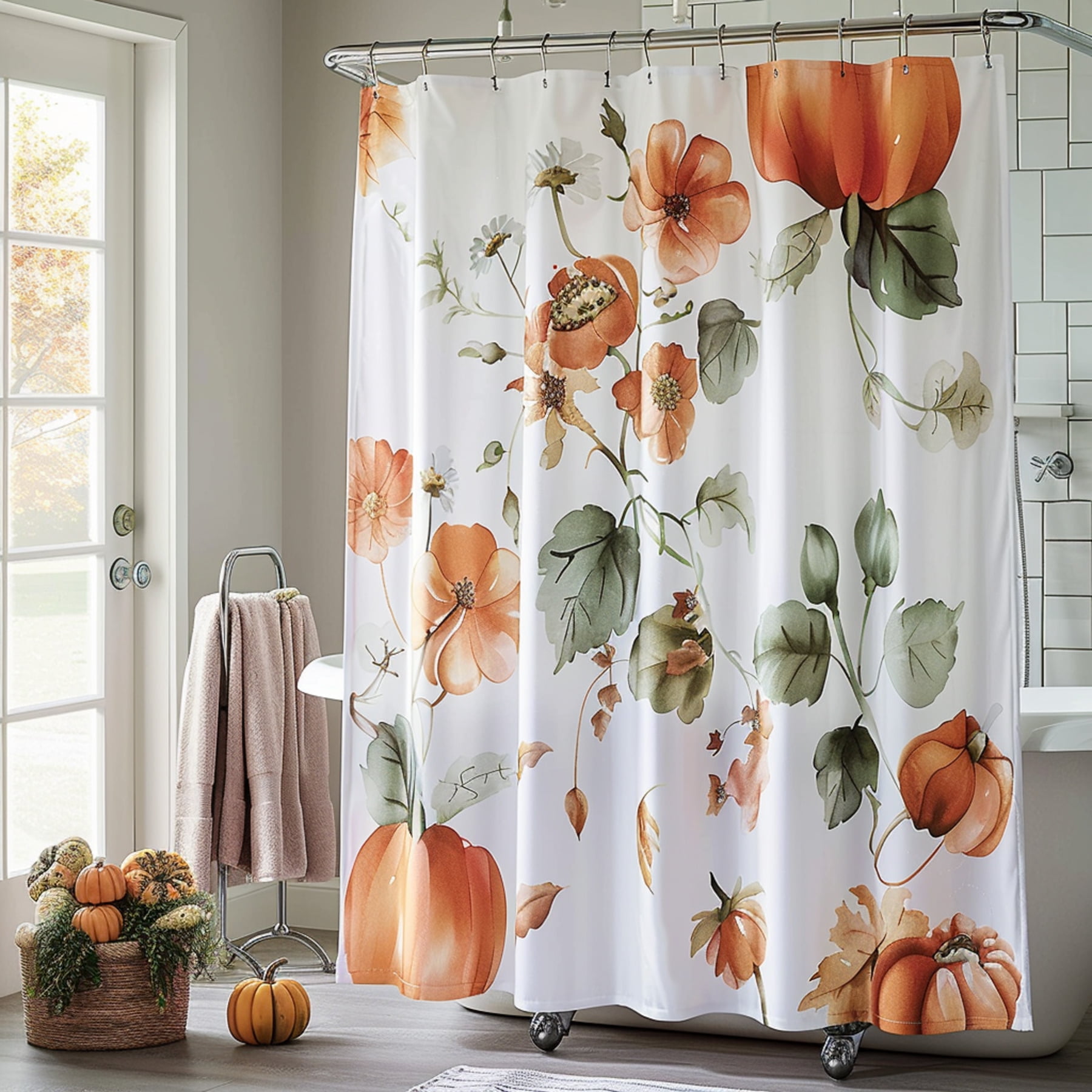 Autumn Pumpkin Watercolor Floral Shower Curtain White and Orange