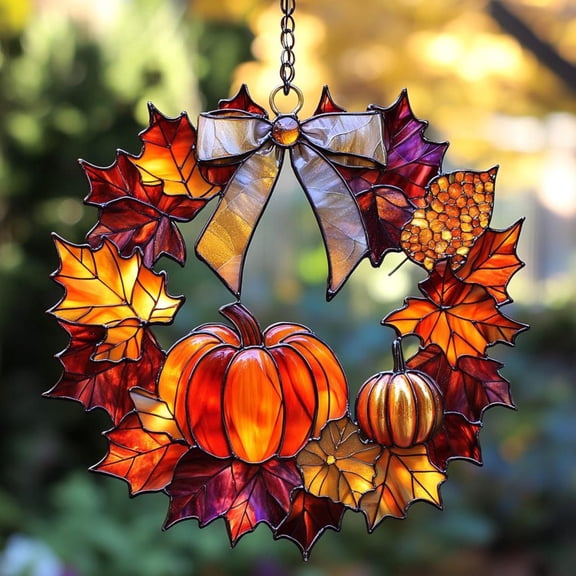 Autumn Pumpkin Wreath Acrylic Suncatcher, Fall Leaves Faux Stained Glass Window Hanging, Thanksgiving Decor
