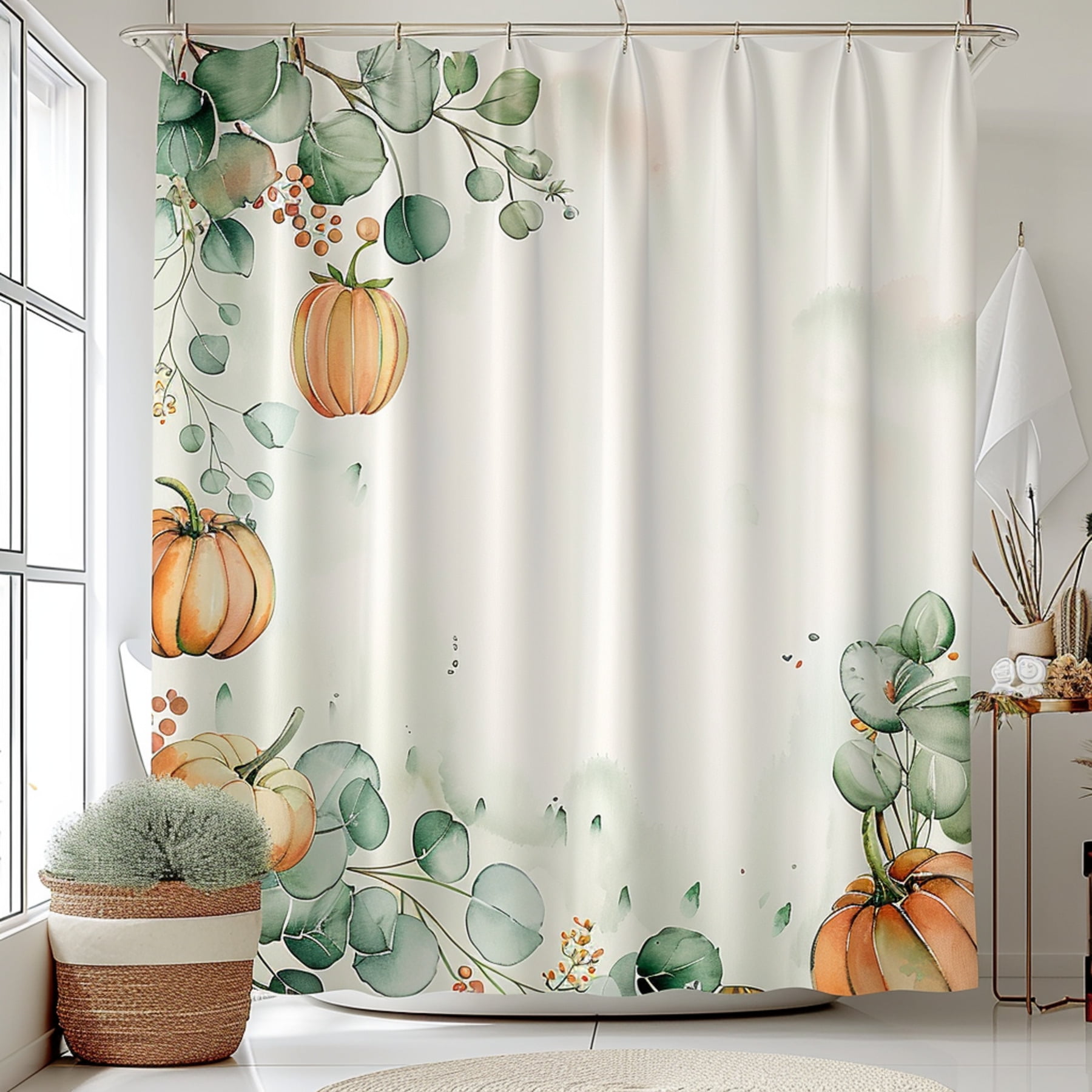 Autumn Pumpkin and Eucalyptus Watercolor Shower Curtain Modern Bathroom
