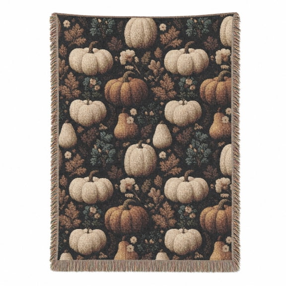 Autumn Pumpkin and Fall Foliage Woven Throw Blanket, Cotton with Fringed Edges, Rustic Seasonal, Couch and Bed Home Decor