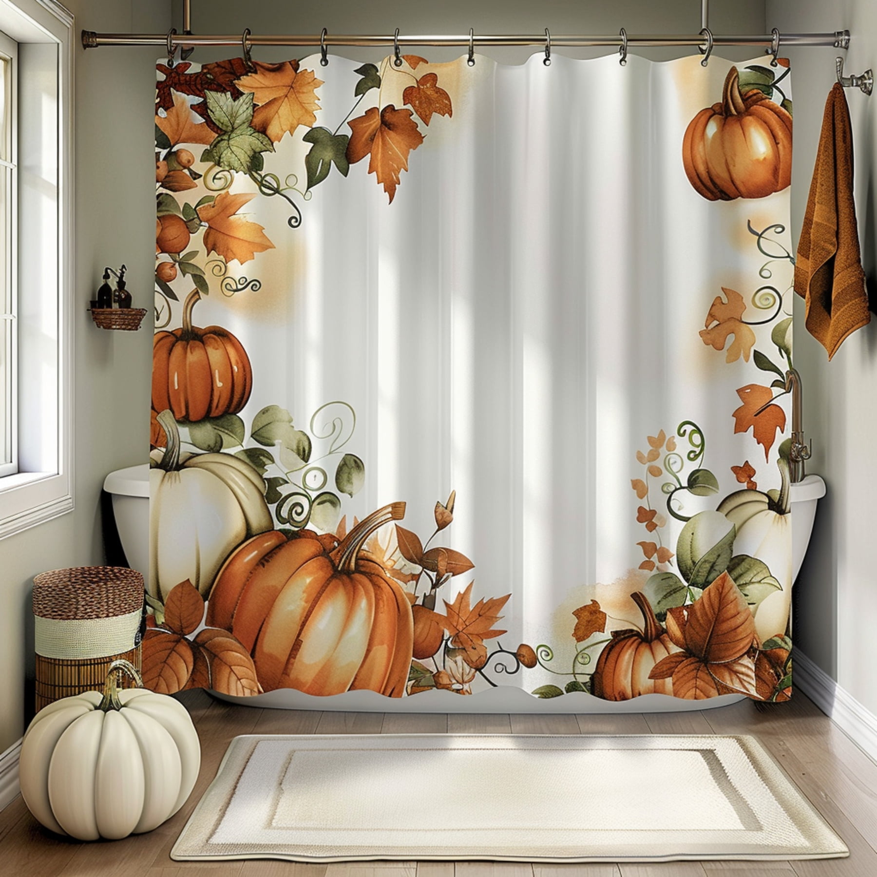 Autumn Pumpkin and Leaf Shower Curtain Cozy Fall Bathroom Decor with