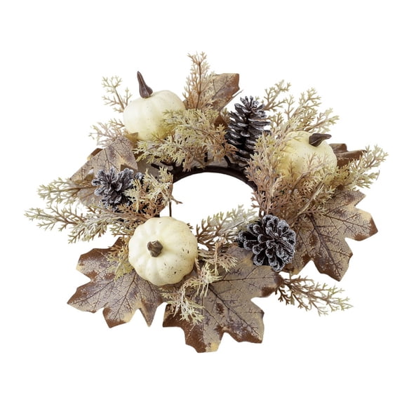 Autumn Pumpkin and Pinecone Wreath Candle Holder – White Fall Decor for Thanksgiving and Halloween