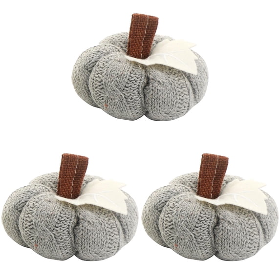 Autumn Pumpkins 3Pcs Rustic Farmhouse Crochet Knit Faux Pumpkins for Fall Harvest Thanksgiving Halloween Mantel Table Decor(Grey)