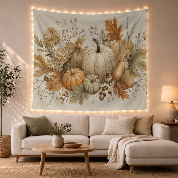 Autumn Pumpkins Among Pears and Hydrangeas, Cozy Watercolor for Nature Lovers, Botanical Harvest Wall Art, Housewarming Gift, Tapestry Wall Hanging for Living Room and Bedroom