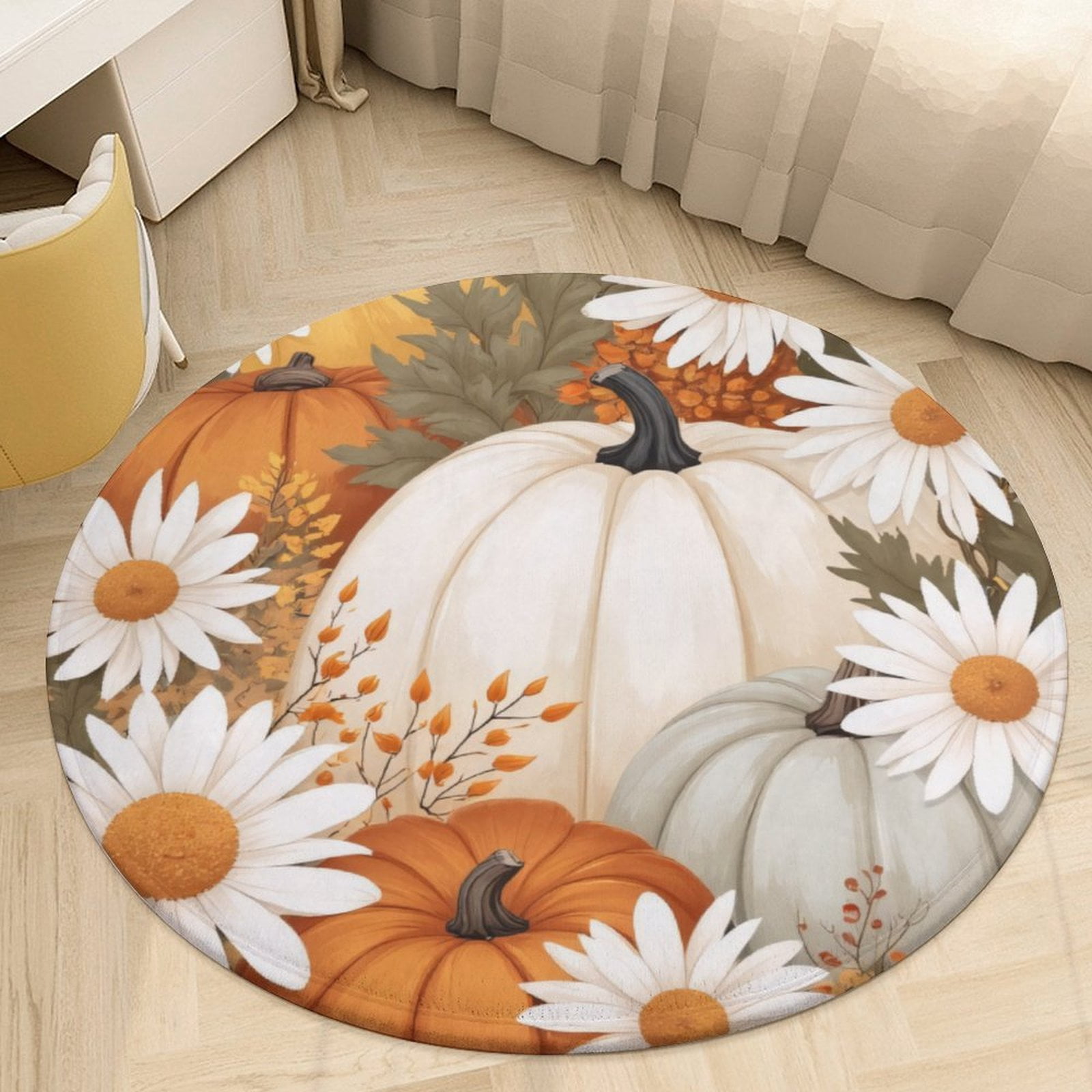 Round Autumn Rug Autumn Pumpkins And Daisies Pattern Round Area Rugs for Bedroom Living ...