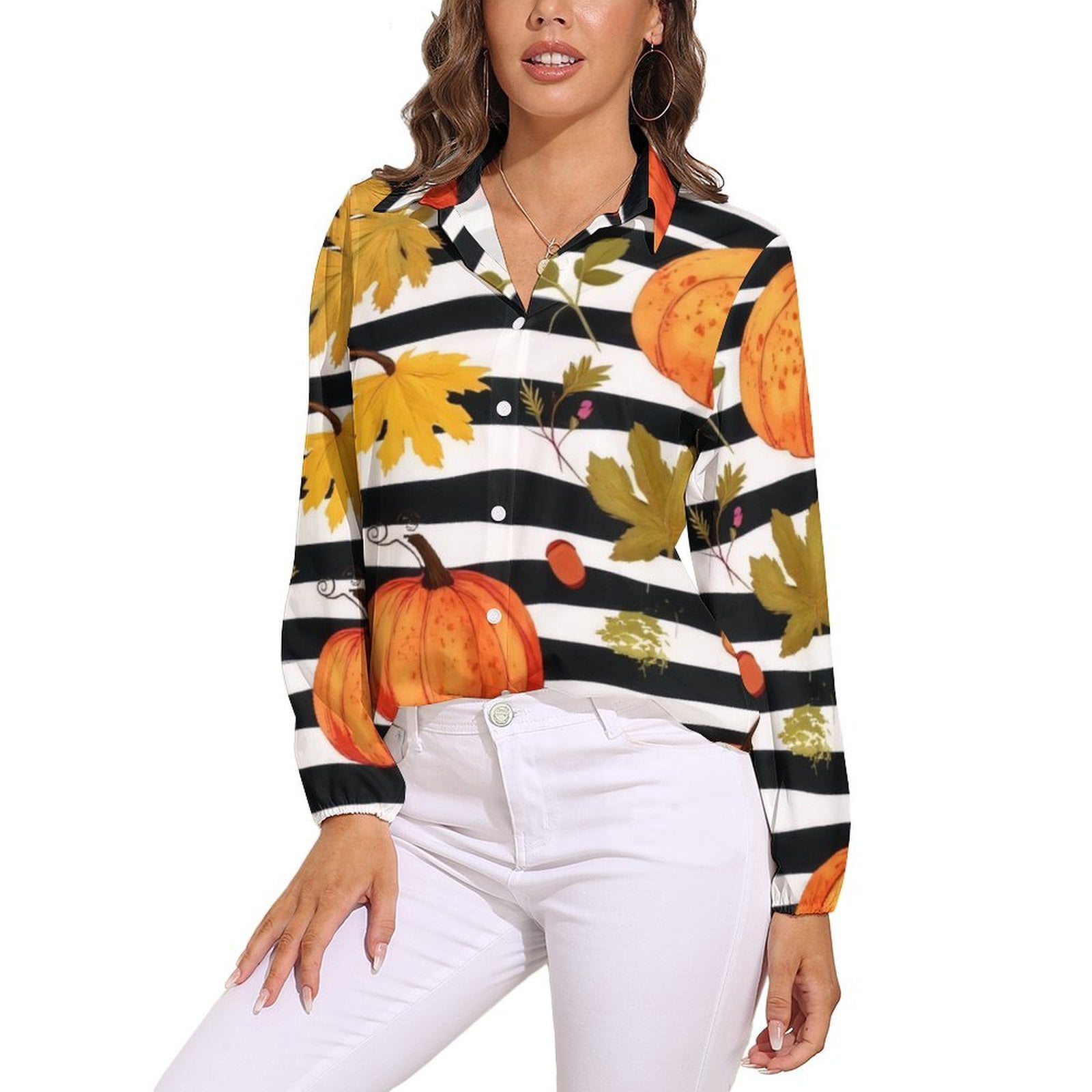 Autumn Pumpkins And Leaves Pattern Power Blouse Retro Hippy Flowers ...