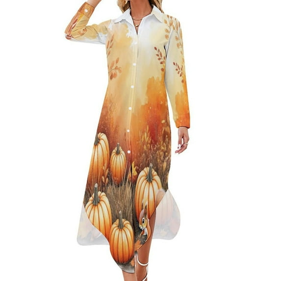 Autumn Pumpkins And Squirrel Shirt Dress Long Sleeve Street Fashion V Neck Oversized Casual Dress Women Evening Dress
