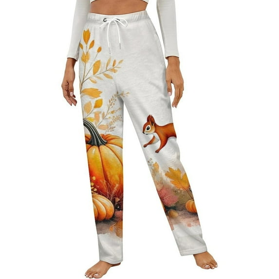 Autumn Pumpkins And Squirrel Winter Female Pants Flannel High Waist Women Pants Lady Warm Straight Leg Plush Trousers