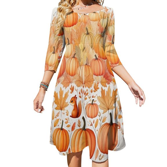 Autumn Pumpkins And Squirrels Pattern Women's Fall Dresses Casual Loose Flowy Swing Shift Dress