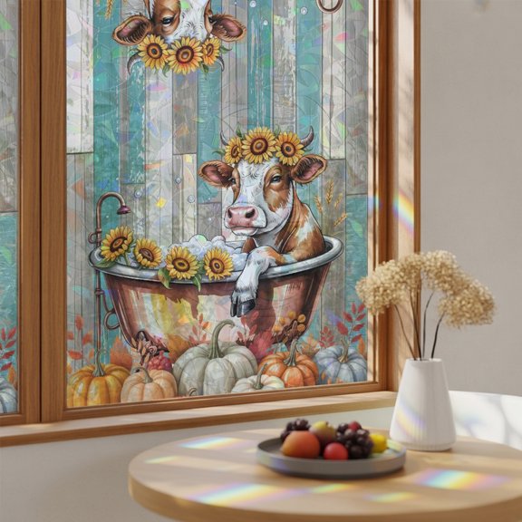 Autumn Pumpkins Bathtub Window Privacy Film,Heat Control Sun Blocking Static Cling Rainbow Film,Abstract Farm Floral Non-Adhesive Glass Sticker Door Window Tint,17.7" x 39.3"