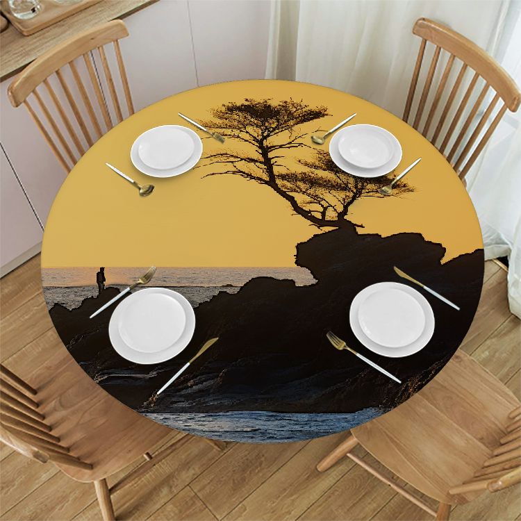 Autumn Pumpkins Checkerboard Tablecloth with Elastic Edge, Round Table