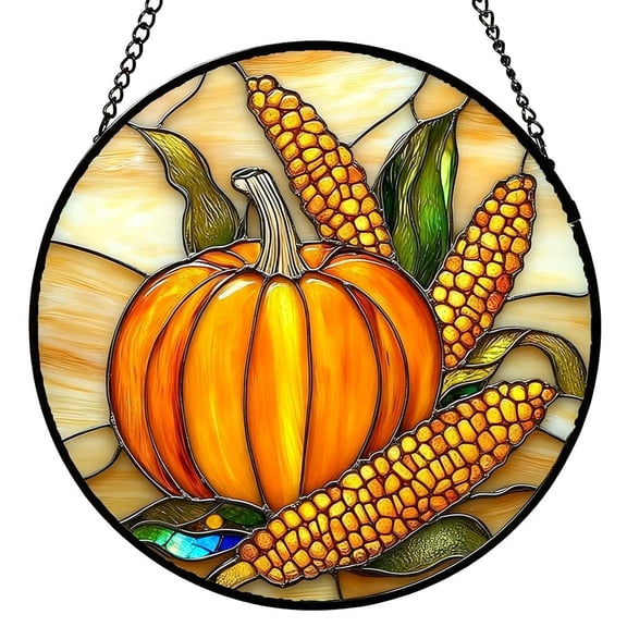 Autumn Pumpkins Corn Sun Catcher, Acrylic Stained Window Hanging Autumn Harvest Pumpkin Corn Decor Panel, Rustic Fall Wall Hanging Decorations Window Art for Holiday Thanksgiving