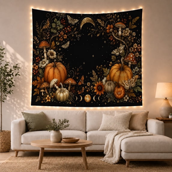 Autumn Pumpkins and Crescent Moon Against a Starry Night Sky, Mystical Celestial for Nature Lovers, Decorative Wall Art, Halloween Gift, Tapestry Wall Hanging for Living Room and Bedroom