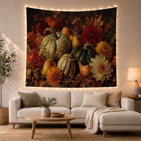 Autumn Pumpkins and Dahlias on Dark Backdrop, Moody Vintage for Nature Lovers, Classical Still Life Art, Thanksgiving Gift Tapestry Wall Hanging for Living Room and Bedroom