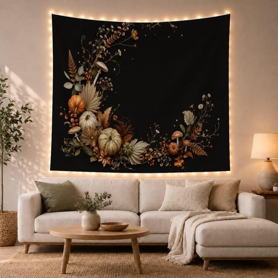 Autumn Pumpkins with Dried Leaves and Mushrooms, Cozy Rustic Style for Pumpkin Lovers, Botanical Wall Decor Housewarming Gift, Tapestry Wall Hanging for Living Room and Entryway