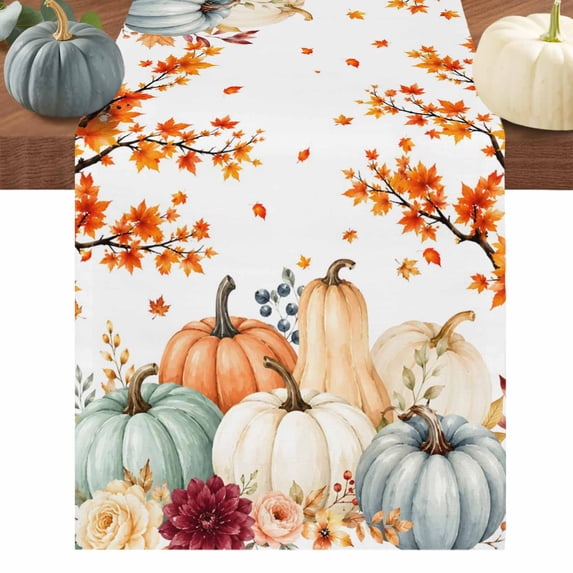 Autumn Pumpkins Fall Short Table Runner 60 Inches Long, Harvest Botanical Thanksgiving Cotton Linen Table Runners Dresser Scarves, Fabric Tabletop Scarf Furniture Cover for Dinner Party Decor 13"x60"