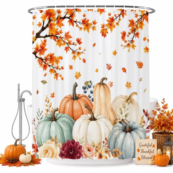 Autumn Pumpkins Fall Shower Curtain Set - Long 72" x 84" Washable Bathtub Curtain with 12 Hooks, Harvest Botanical Thanksgiving Waterproof Fabric Stall Shower Curtains for Bathroom/Bathtub Décor