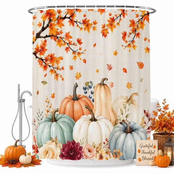 Autumn Pumpkins Fall Shower Curtain Set - Standard 72" x 72" Washable Bathtub Curtain with 12 Hooks, Harvest Maple Leaf Thanksgiving Waterproof Fabric Stall Shower Curtains for Bathroom Décor