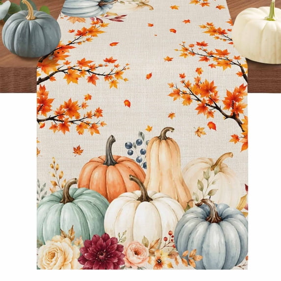 Autumn Pumpkins Fall Table Runner 70 Inches Long, Harvest Maple Leaf Thanksgiving Cotton Linen Table Runners Dresser Scarves, Decorative Fabric Tabletop Scarf Furniture Cover for Dinner Party 13"x70"