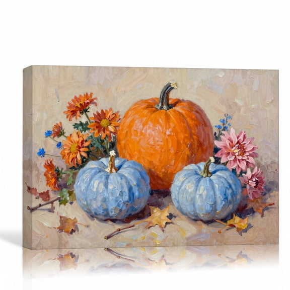 Autumn Pumpkins Floral Wall Art Fall Canvas Print Orange Blue Pumpkins Gallery Wrapped Canvas Living Room Decor 12"L x 8"W