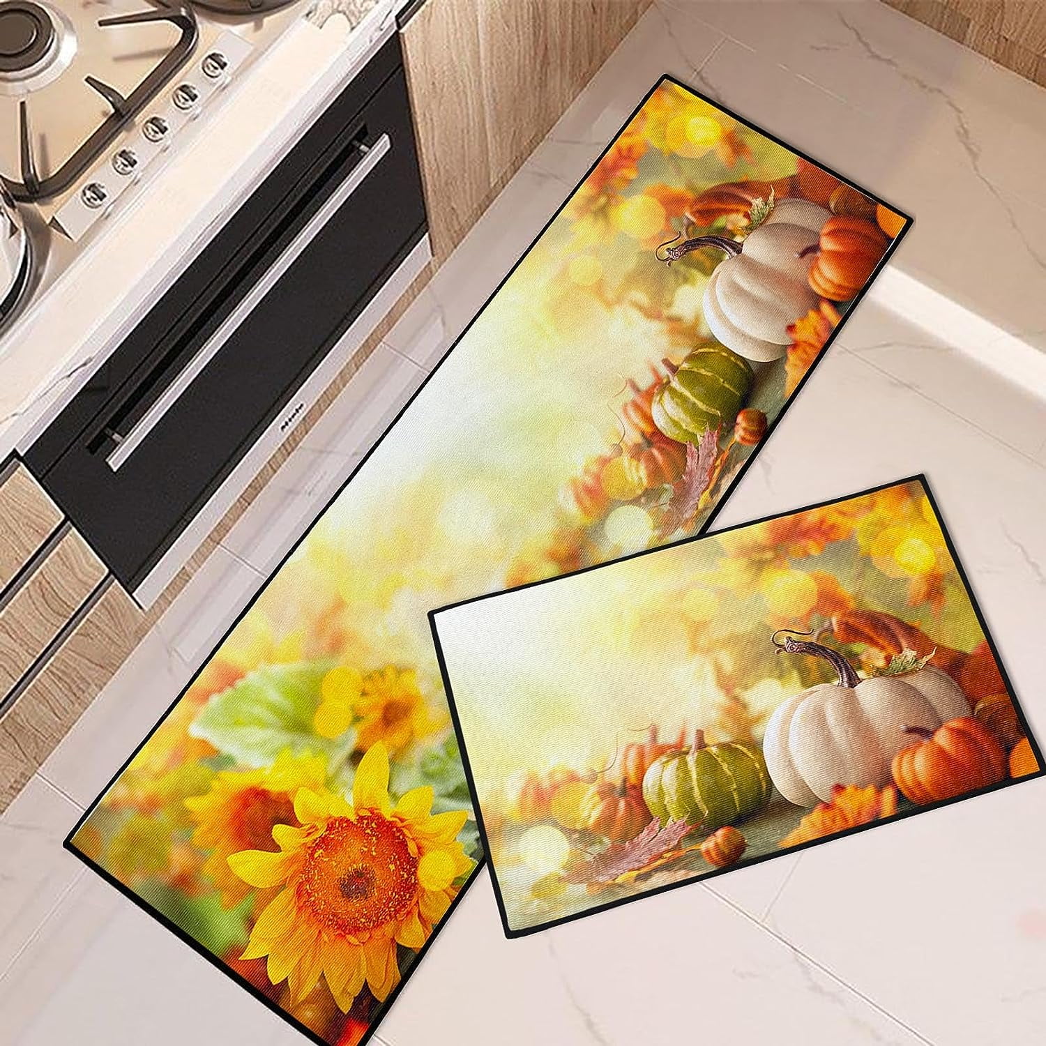 Autumn Pumpkins Flowers Kitchen Rugs and Mats Non Skid Washable Set of ...