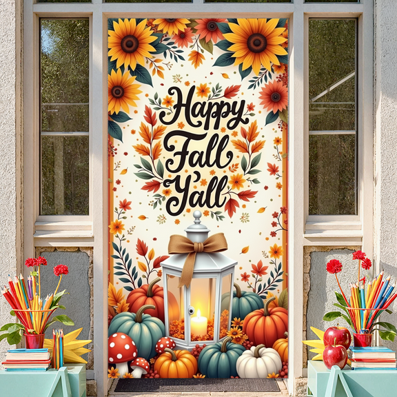 Autumn Pumpkins Happy Fall Banner Floral Lantern for Thanksgiving Harvest Festival Seasonal Decoration