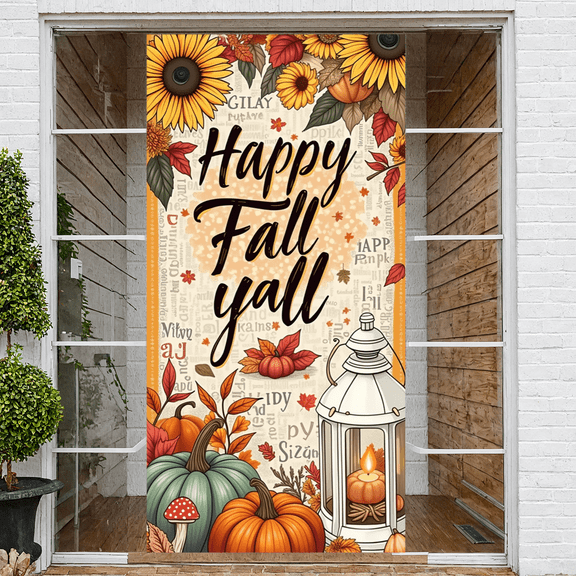 Autumn Pumpkins Happy Fall Banner Floral Lantern for Thanksgiving Harvest Festival Seasonal Decoration
