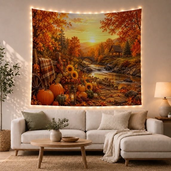 Autumn Pumpkins with Lantern at Sunset, Cozy Farmhouse Style for Nature Lovers, Harvest Wall Art, Housewarming Gift, Tapestry Wall Hanging for Kitchen and Entryway