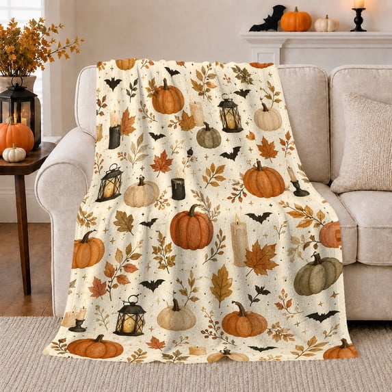 Autumn Pumpkins with Lanterns and Leaves on Cream, Cozy Rustic Style for Fall Lovers, Harvest Garden Pattern and Thanksgiving Gift, Soft Flannel Blanket for Living Room and Guest Room, Home Decor
