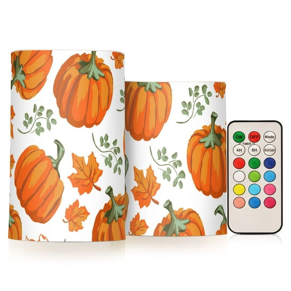 Autumn Pumpkins and Leaves 2 PCS LED Flickering Flameless Candles with Remote Control Realistic 3D Wick Window Candles Sets for Wedding Table Home Decoration Gifts
