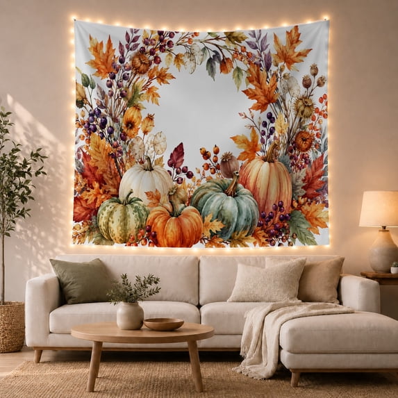Autumn Pumpkins with Leaves and Berries, Cozy Watercolor Style for Harvest Decor Lovers, Harvest Wall Art, Thanksgiving Hostess Gift, Tapestry Wall Hanging for Kitchen and Entryway