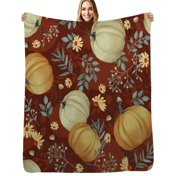 Autumn Pumpkins Maroon Background Flannel Blanket Warm Soft Bedding Throws Winter Camping Chair Sofa Bed