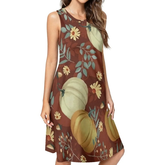 Autumn Pumpkins Maroon Background Spring Summer Dresses for Women Fashion T-shirt Dress Casual Sleeveless Loose Sundress with Pockets