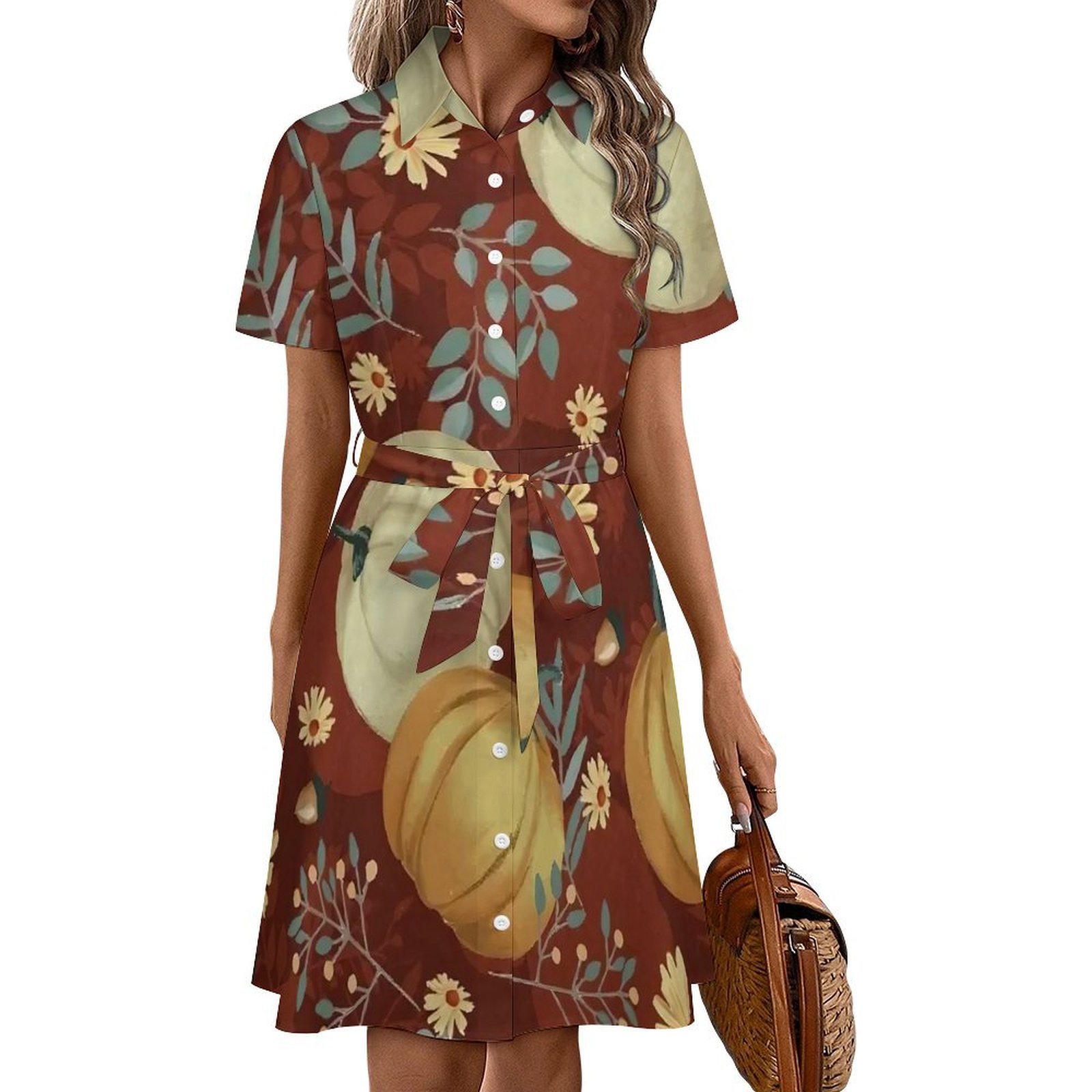 Autumn Pumpkins Maroon Background Womens Shirt Dresses Women'S Short