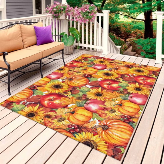Autumn Pumpkins Outdoor Rug for Patio/Deck/Porch, Non-Slip Large Area Rug 6 x 9 Ft, Fall Orange Sunflowers Fruit Country Rustic Indoor Outdoor Rugs Washable Area Rugs, Camping Rug Carpet Runner