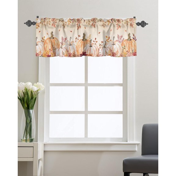 Autumn Pumpkins Valances Curtain for Kitchen Cafe, Fall Leaf Plant Thanksgiving Window Valance Short Curtains 54"x 18" Rod Pocket Windows Treatment Drape for Living Room Bedroom Watercolor Botanical