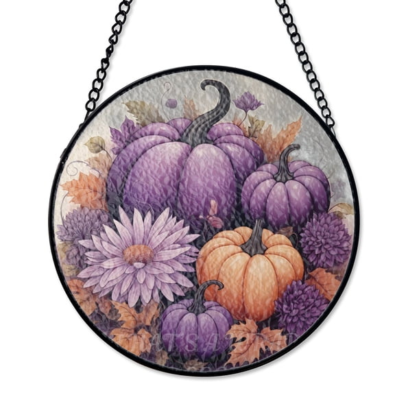 Autumn Purple Pumpkin, Suncatcher Stained Glass Style, UV Printed Glass, Halloween Home Gift, Round